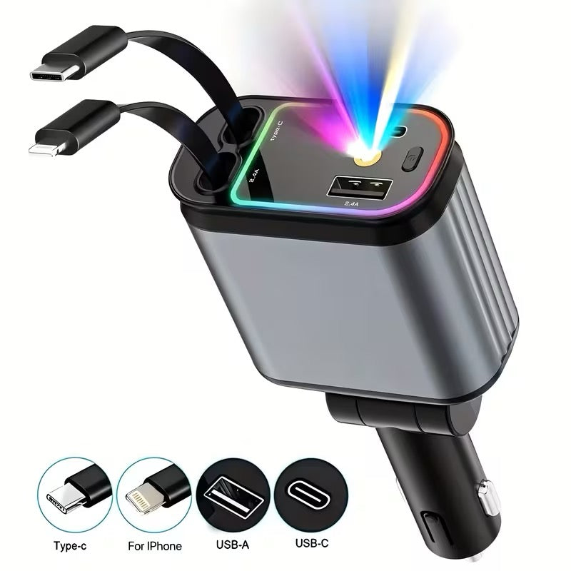 4-in-1 Super Fast Retractable Car Charger | With Star Projector Night Light, Car Atmosphere Light, Compatible with for iphone 15/14/13/12/11 and Android, Dark Grey, USB Type-C Connector, Metallic