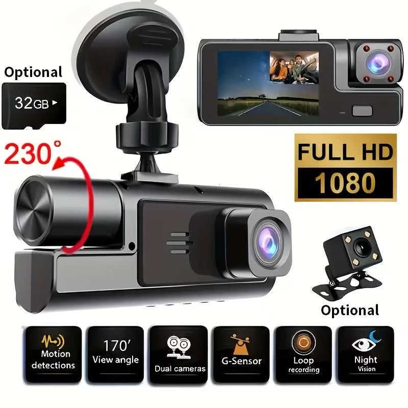 Two/Triple Camera Dash Cam - Infrared Night Vision, 1080P Front And 720P Rear, 170° Wide Angle & Built-In Audio - Optional 32GB Card, Loop Recording, G-Sensor - Perfect Vehicle Safety Camera 24 Hours Parking Mode for New Cars Or Holiday Gifts